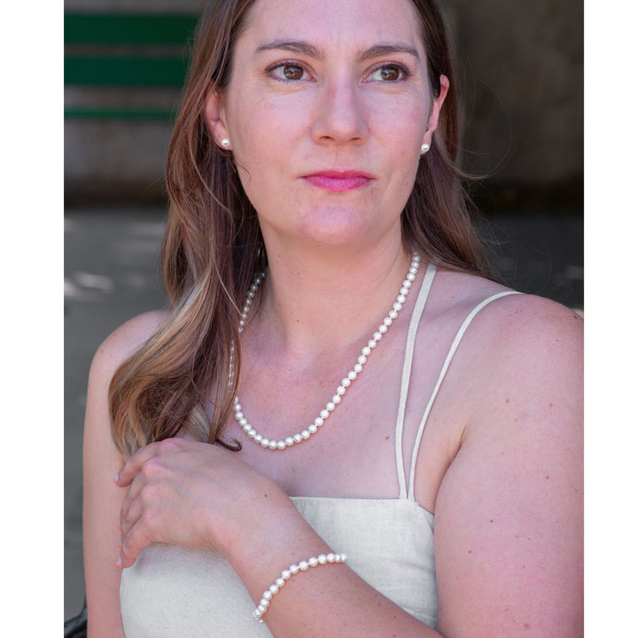 20 Inch ROUND White Pearl Set Necklace Bracelet Earrings