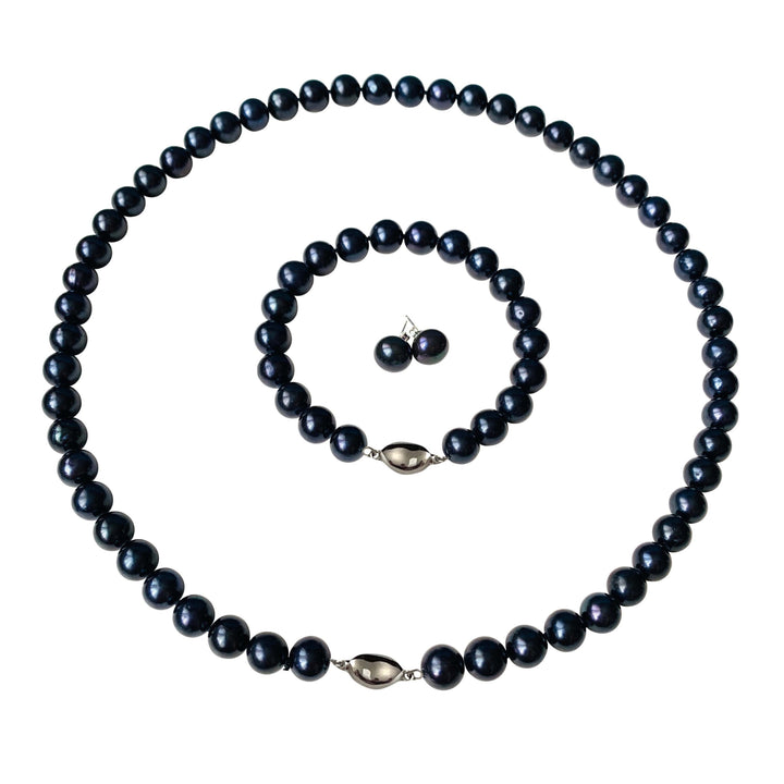 20 Inch ROUND Black Pearl Set Necklace Bracelet Earrings