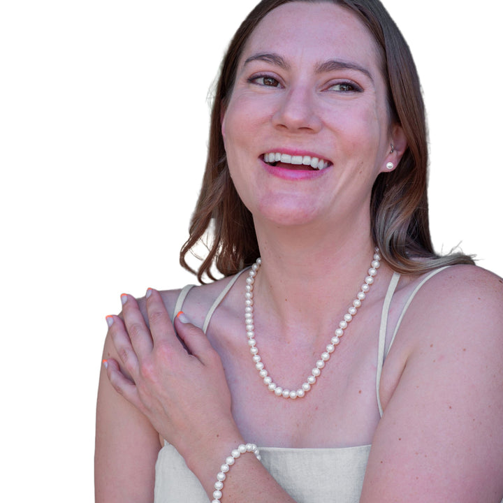 20 Inch ROUND White Pearl Set Necklace Bracelet Earrings