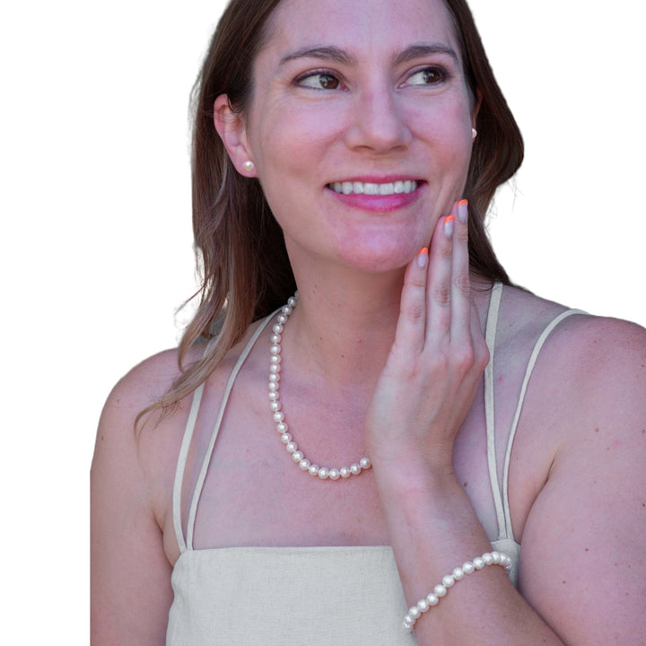 20 Inch ROUND White Pearl Set Necklace Bracelet Earrings