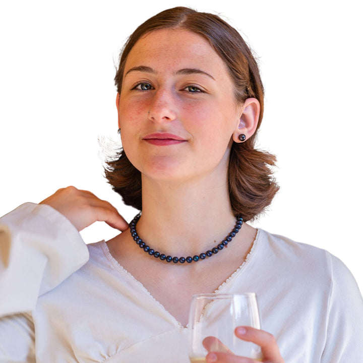 16 Inch ROUND Black Pearl Set Necklace Earrings