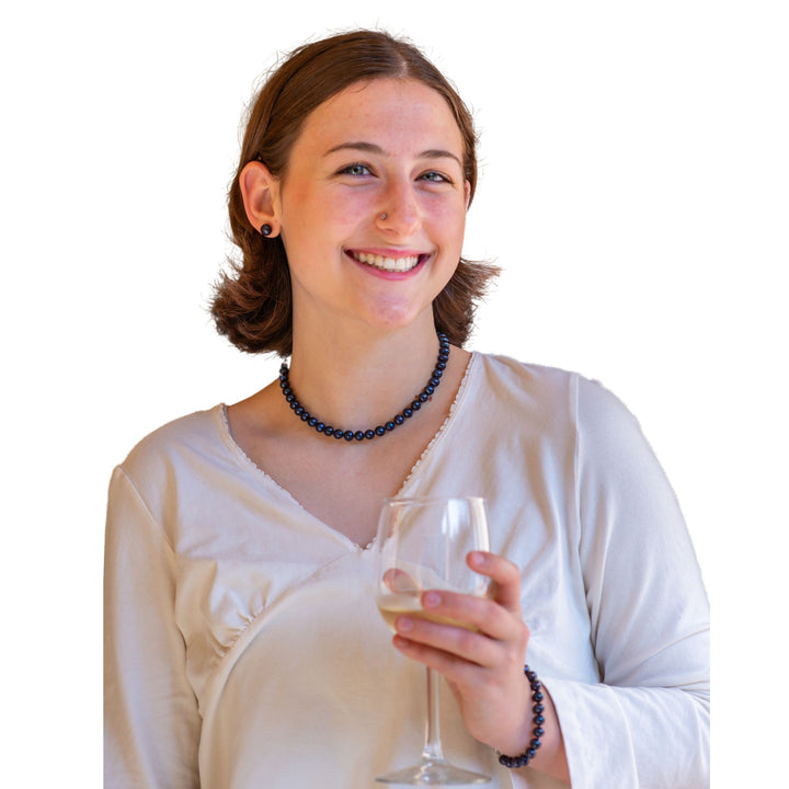 16 Inch ROUND Black Pearl Set Necklace Bracelet Earrings