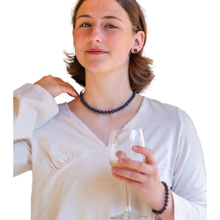 16 Inch ROUND Black Pearl Set Necklace Bracelet Earrings