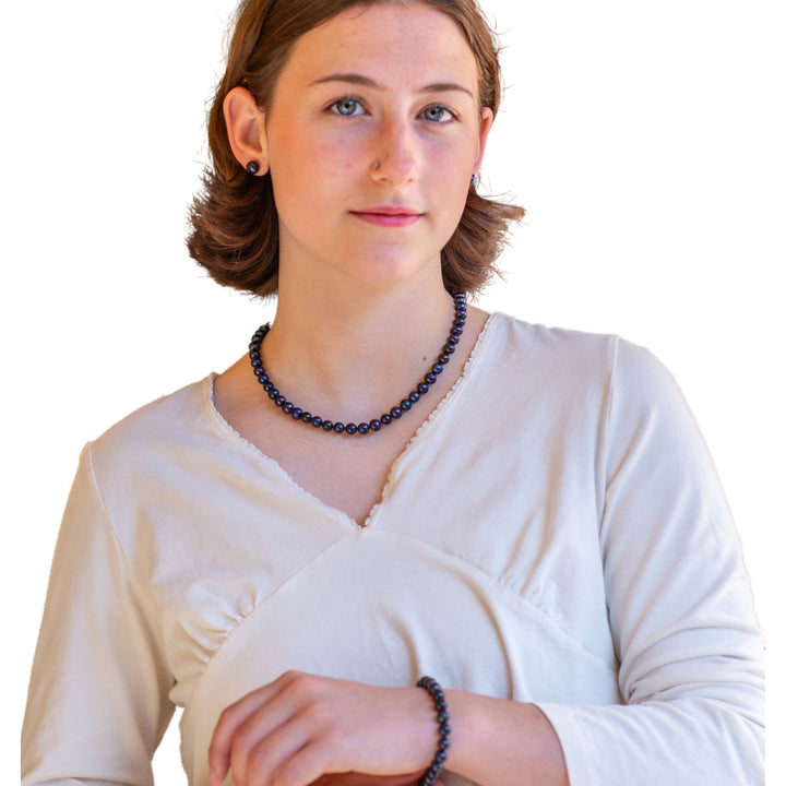 18 Inch ROUND Black Pearl Set Necklace Bracelet Earrings