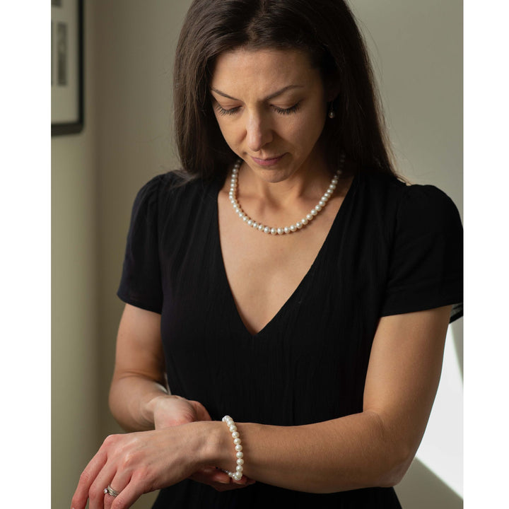 16 Inch ROUND White Pearl Set Necklace Bracelet Earrings Choker Set