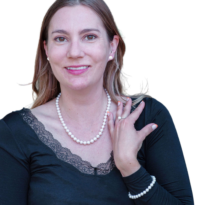 18 Inch ROUND White Pearl Set Necklace Bracelet Earrings