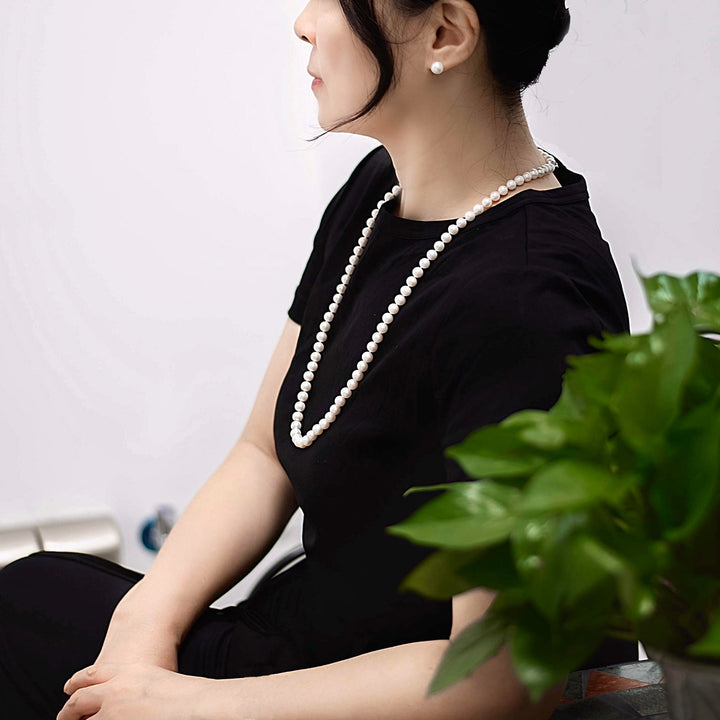 Long 30 Inch ROUND White Pearl Set Necklace Earrings