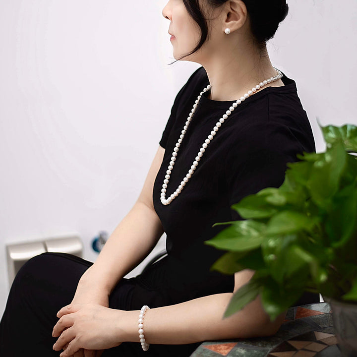 Long 30 Inch ROUND White Pearl Set Necklace Bracelet Earrings