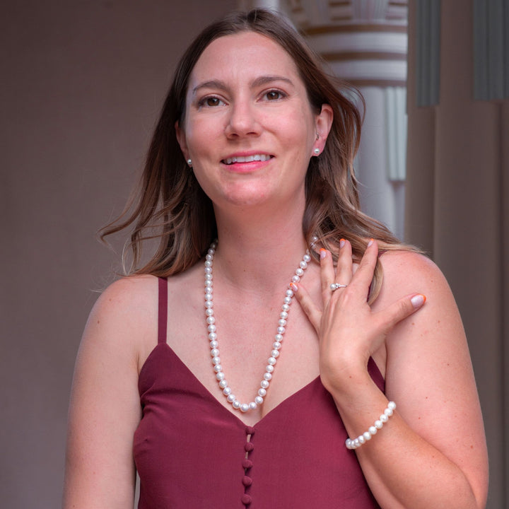 Long 24 Inch ROUND White Pearl Set Necklace Bracelet Earrings