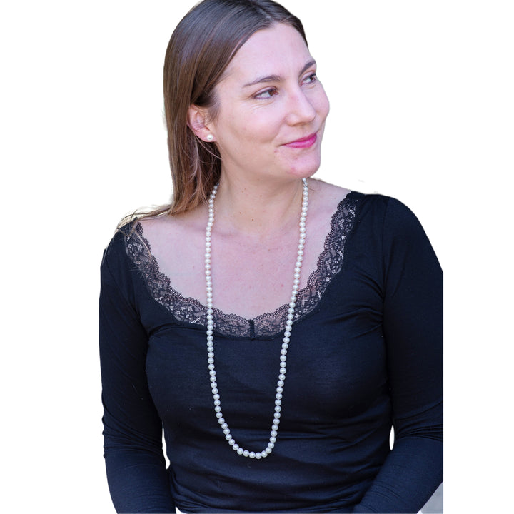 Long 36 Inch ROUND White Pearl Set Necklace Earrings