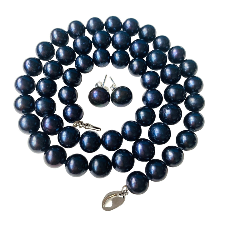 20 Inch ROUND Black Pearl Set Necklace Earrings