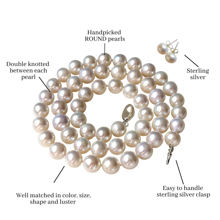 18 Inch ROUND White Pearl Set Necklace Earrings