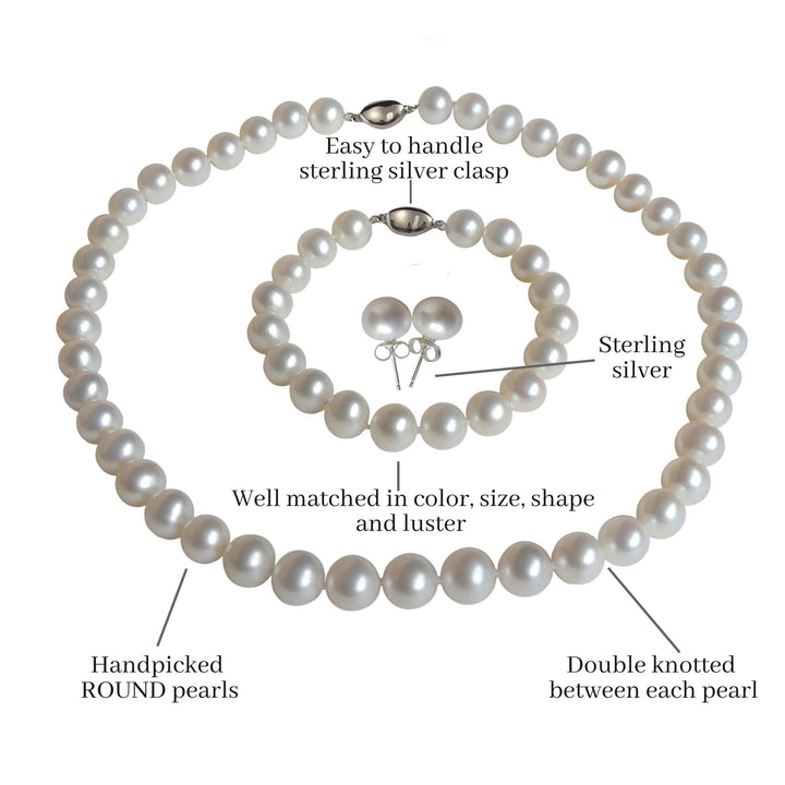Long 24 Inch ROUND White Pearl Set Necklace Bracelet Earrings