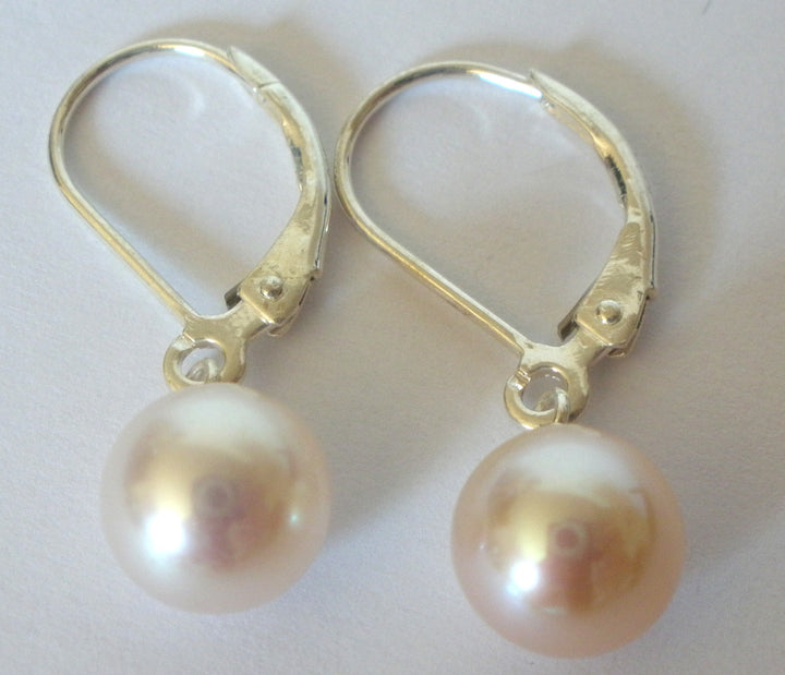 White Round Pearl Earrings Leverback Sterling Silver