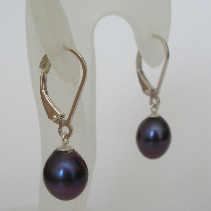 Black Pearl Earrings Lever back Sterling Silver