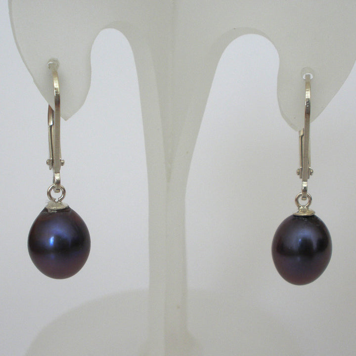 Black Pearl Earrings Lever back Sterling Silver