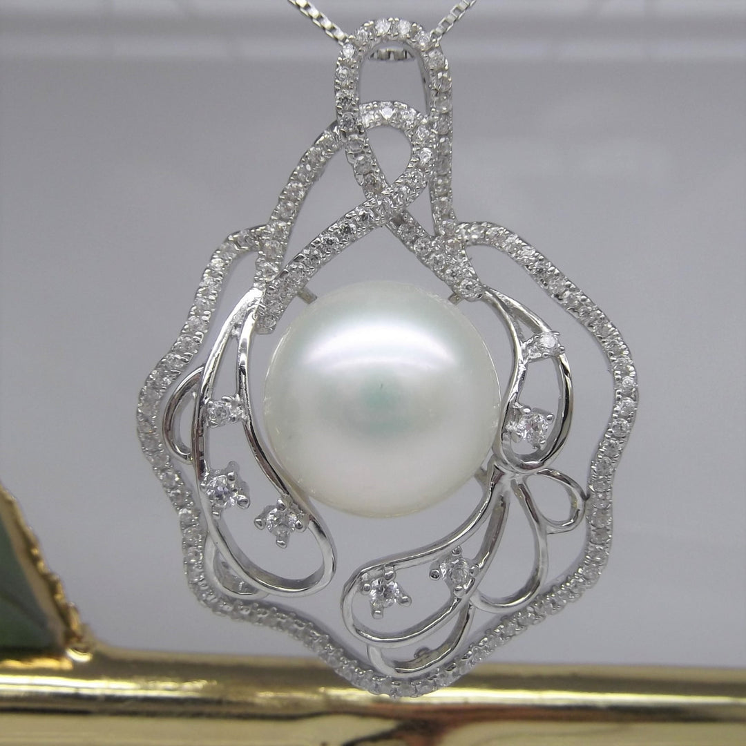 12mm Floral White Pearl Pendant Necklace Sterling Silver