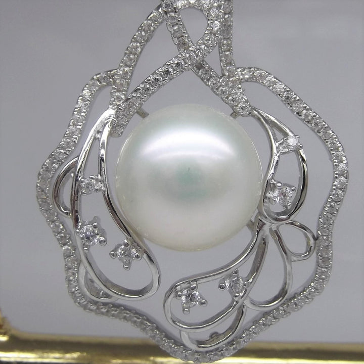 12mm Floral White Pearl Pendant Necklace Sterling Silver