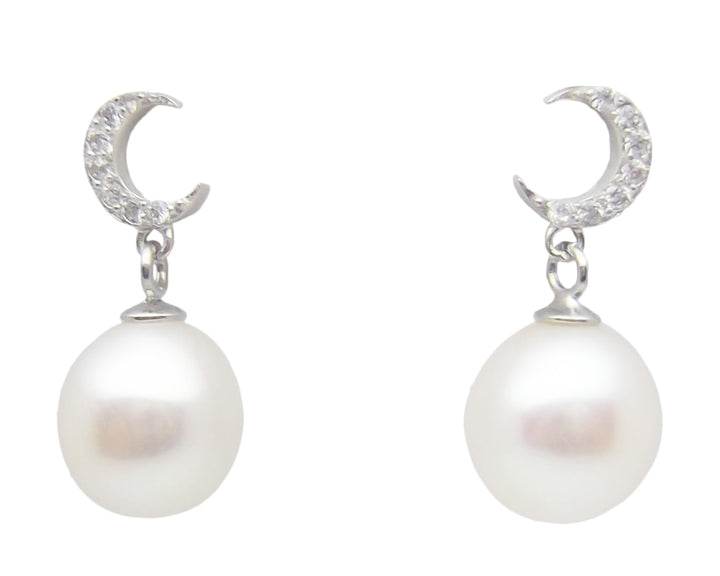 8.5mm Sterling Silver Moon White Pearl Pendant Necklace Earrings Set