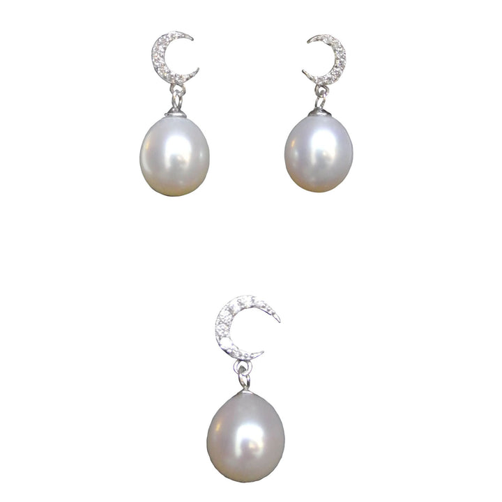 8.5mm Sterling Silver Moon White Pearl Pendant Necklace Earrings Set