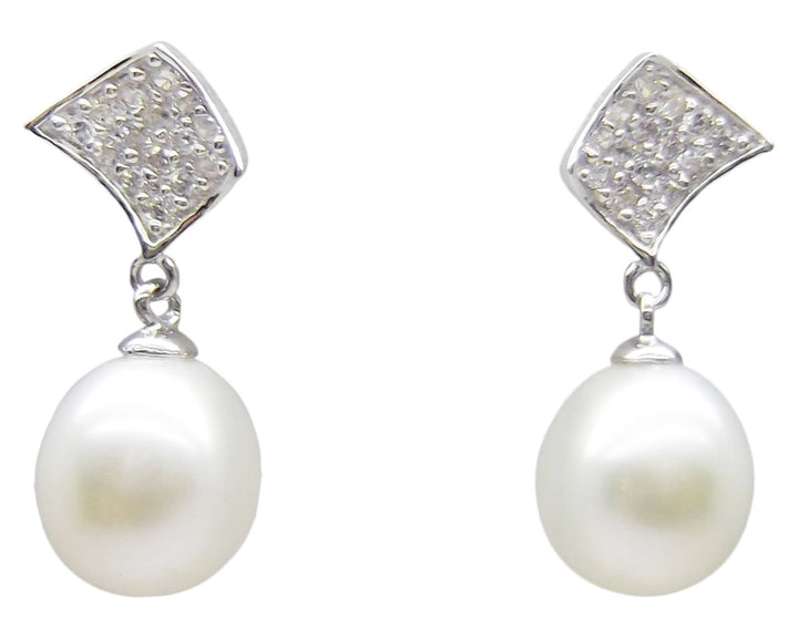 8.5mm Sterling Silver White Pearl Pendant Necklace Earrings Set