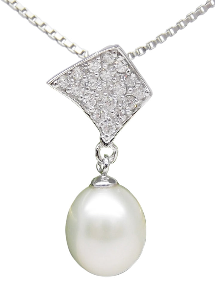 8.5mm Sterling Silver White Pearl Pendant Necklace Earrings Set