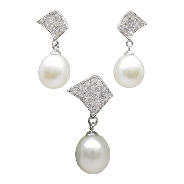 8.5mm Sterling Silver White Pearl Pendant Necklace Earrings Set