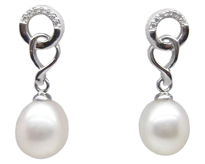 8.5mm Sterling Silver White Pearl Pendant Necklace Earrings Set