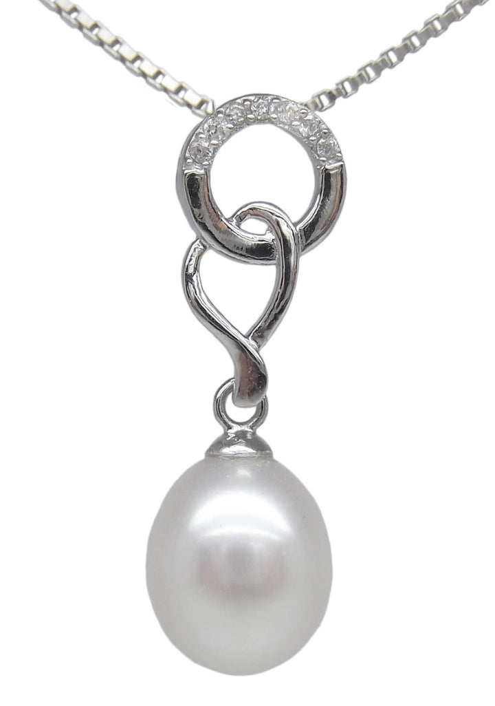 8.5mm Sterling Silver White Pearl Pendant Necklace Earrings Set