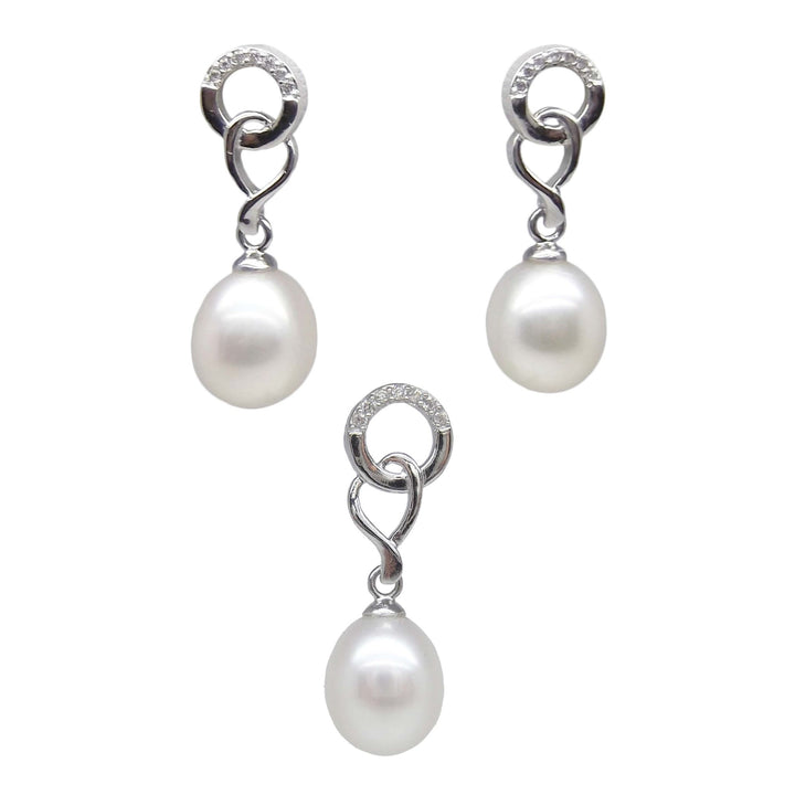 8.5mm Sterling Silver White Pearl Pendant Necklace Earrings Set
