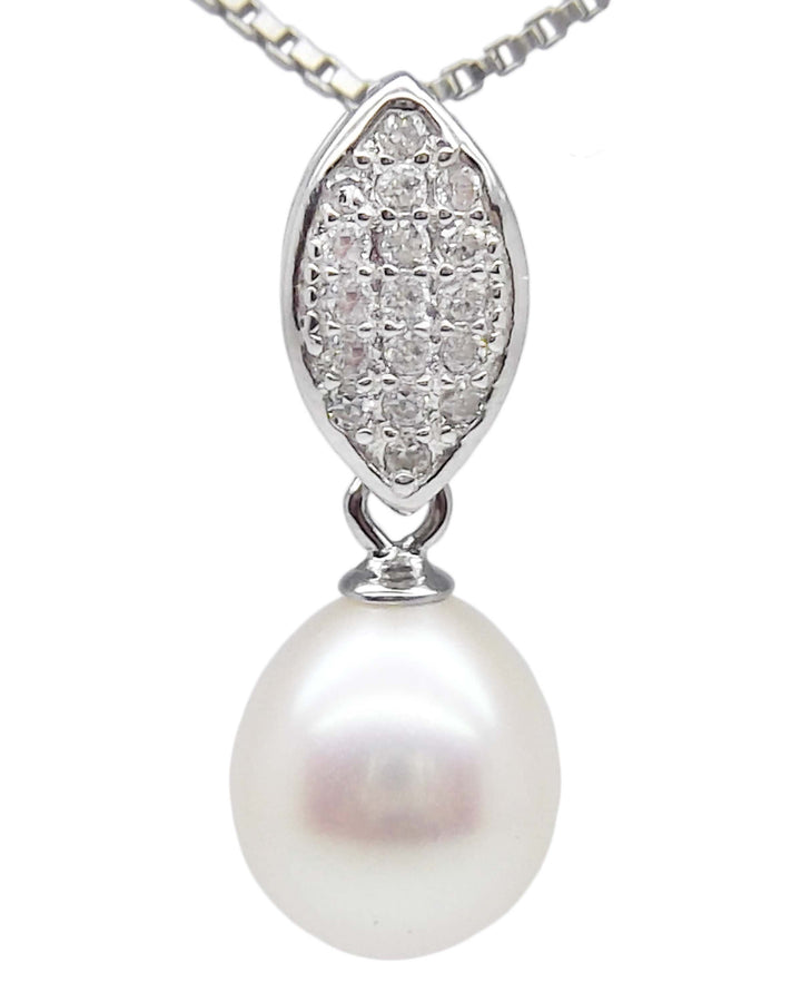 8.5mm Sterling Silver White Pearl Pendant Necklace Earrings Set