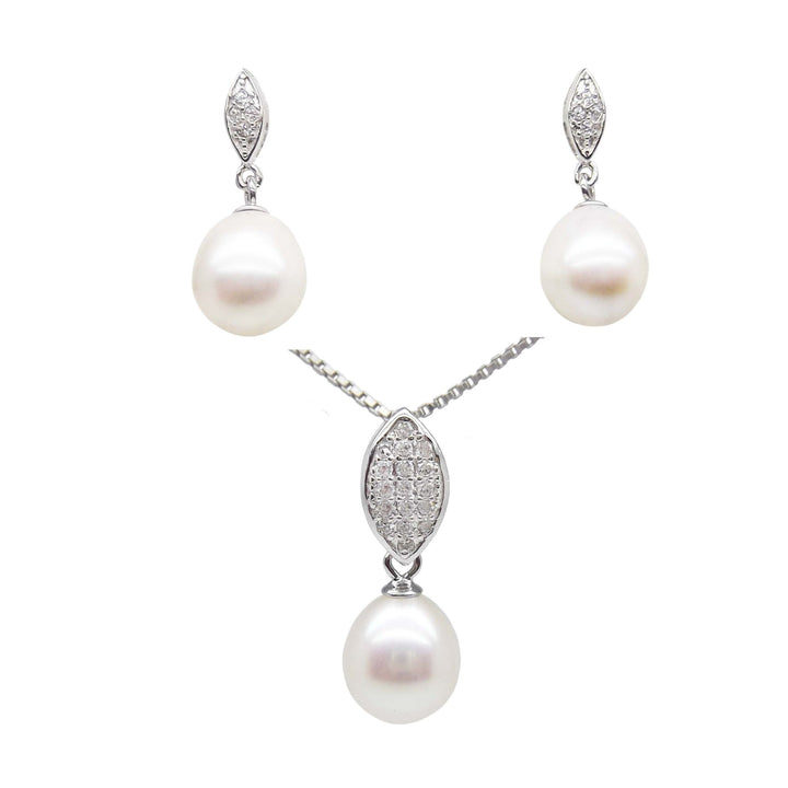 8.5mm Sterling Silver White Pearl Pendant Necklace Earrings Set