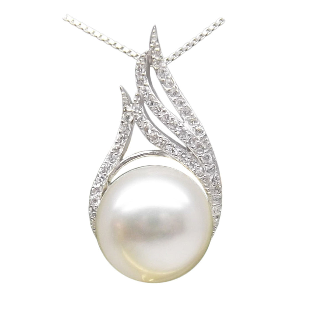10.5mm Fire Sterling Silver White Pearl Pendant Necklace