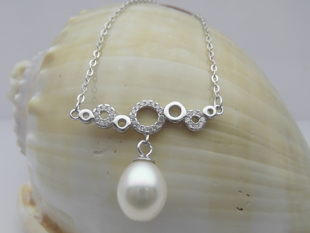8.5mm Sterling Silver Ocean Bubbles White Pearl Pendant Necklace