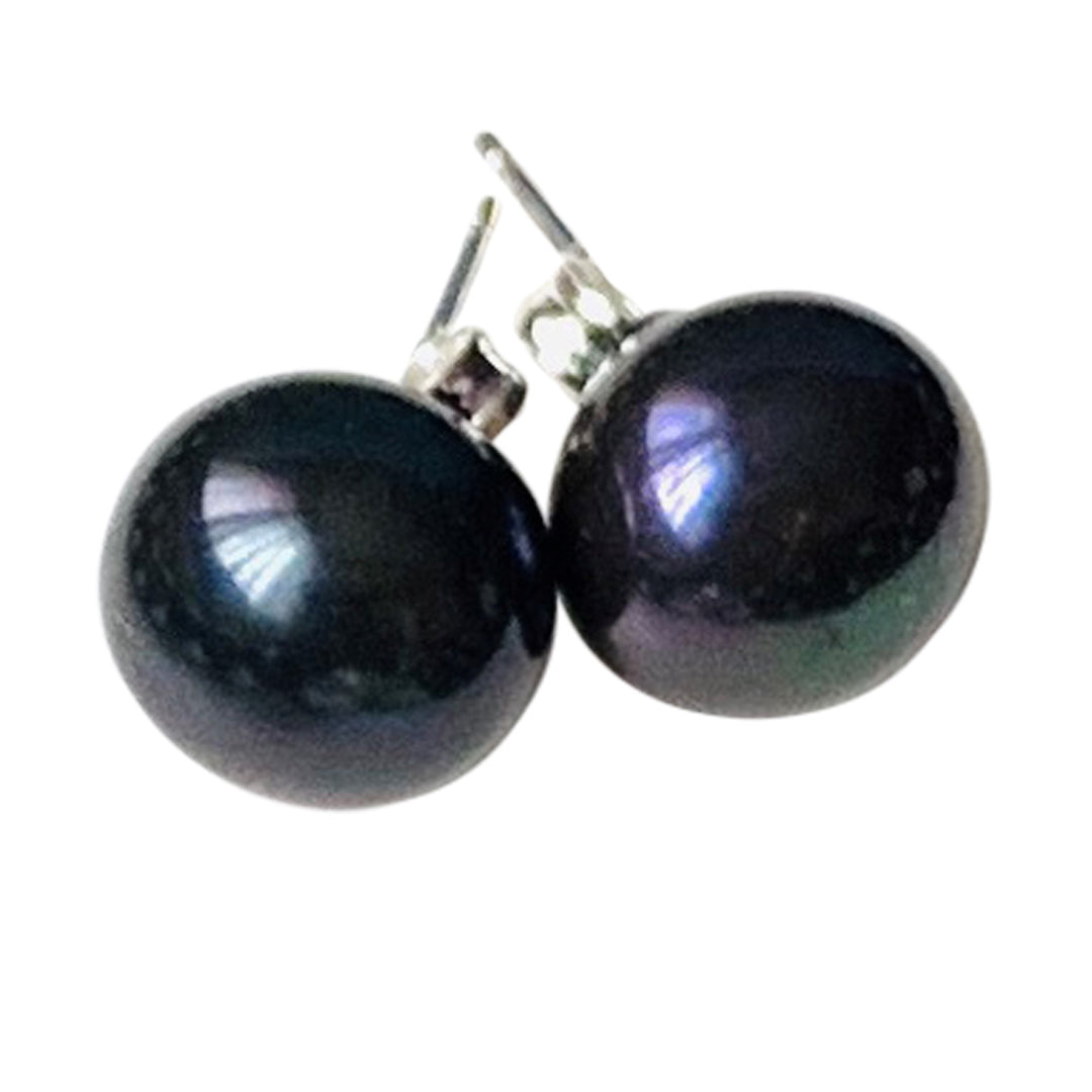Black Pearl Stud Earrings Sterling Silver