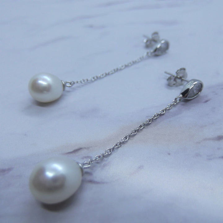 Long Dangle Pearl Earrings Sterling Silver
