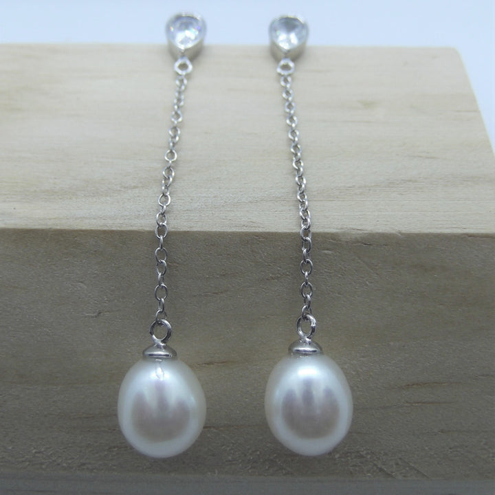 Long Dangle Pearl Earrings Sterling Silver