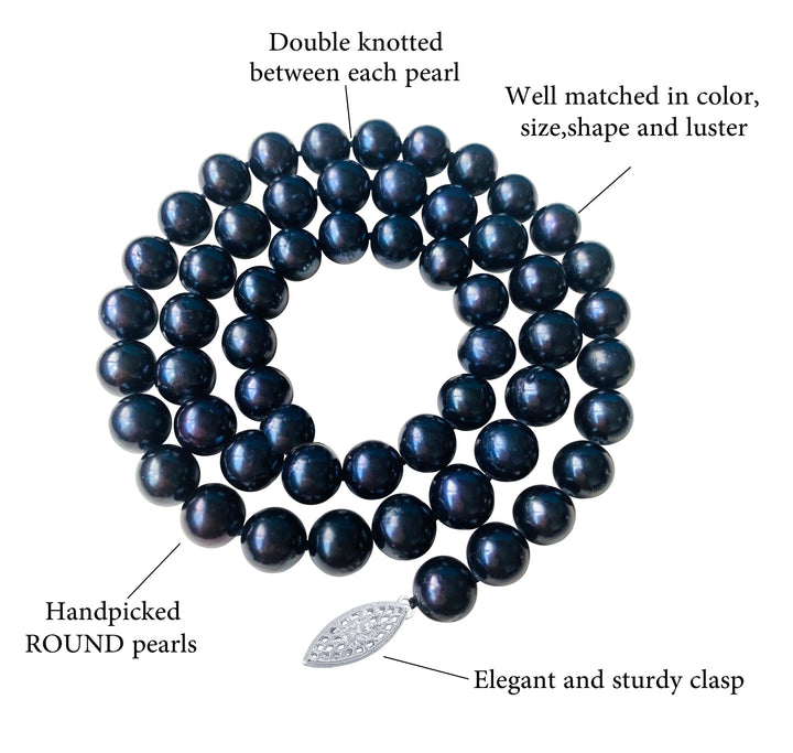 Sterling Silver Clasp 18 Inch ROUND Black Pearl Necklace for Men