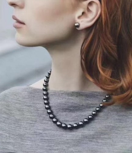 20 Inch ROUND Black Pearl Set Necklace Earrings