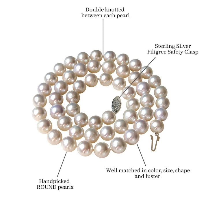 Sterling Silver Clasp 18 Inch ROUND White Pearl Necklace