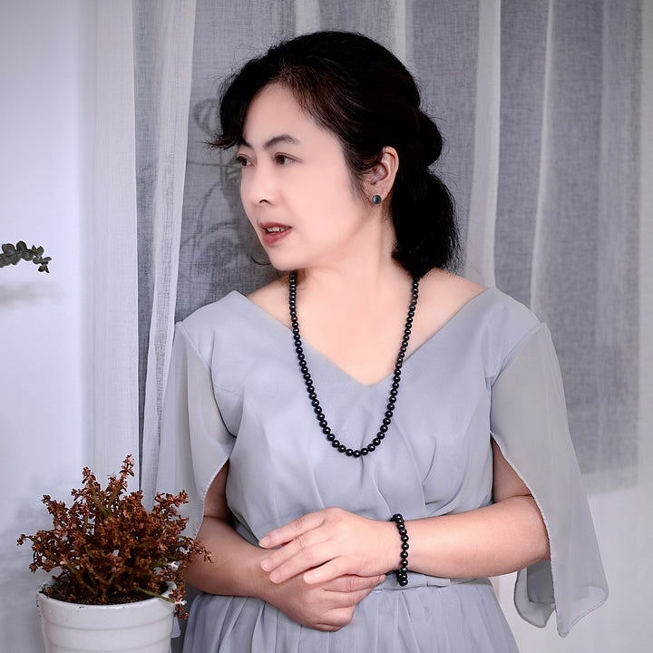 Long 30 Inch ROUND Black Pearl Set Necklace Bracelet Earrings