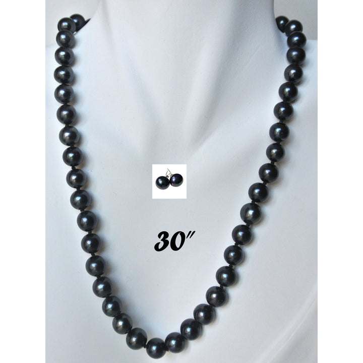 Long 30 Inch ROUND Black Pearl Set Necklace Earrings