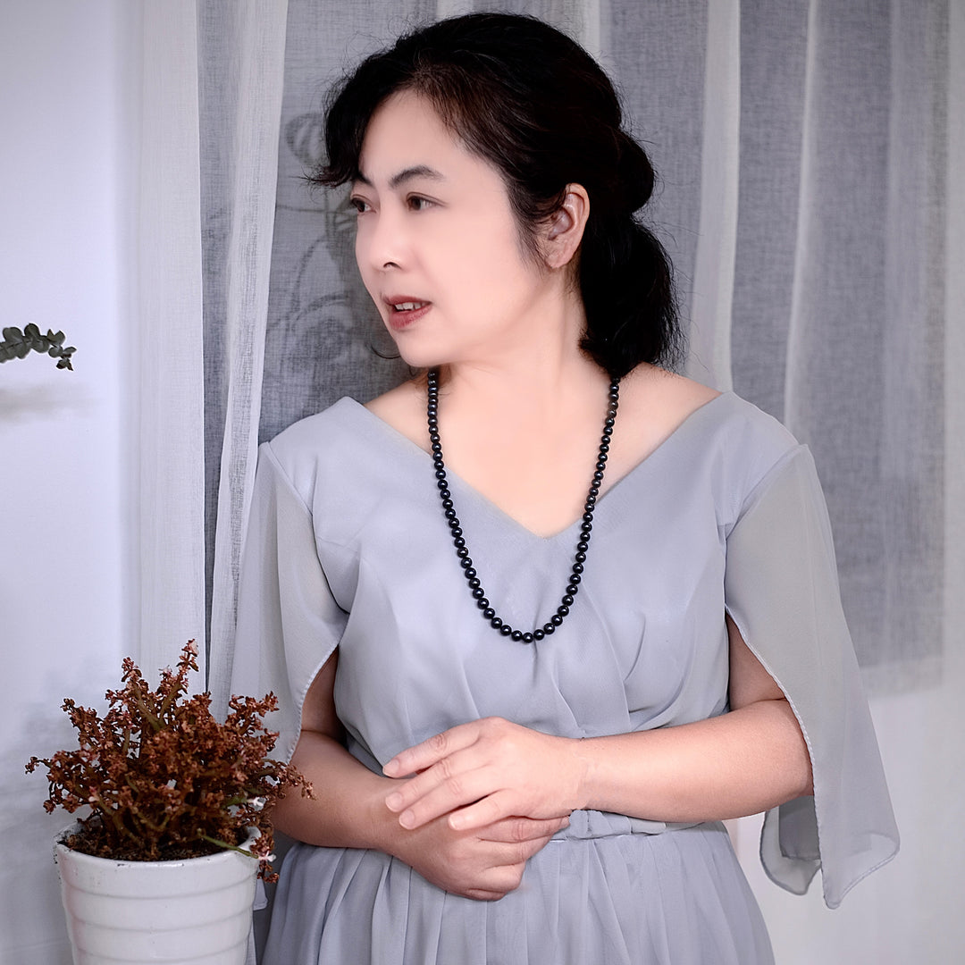 Long 30 Inch ROUND Cultured Freshwater Black Pearl Necklace