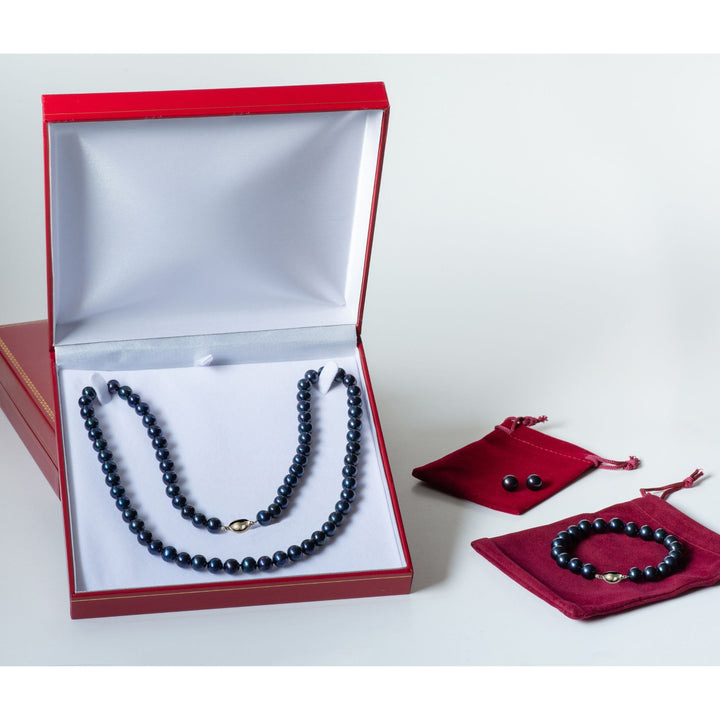 Long 24 Inch ROUND Black Pearl Set Necklace Bracelet Earrings