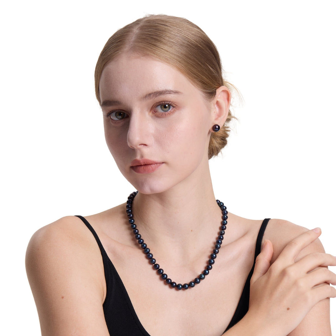 18 Inch ROUND Black Pearl Set Necklace Earrings