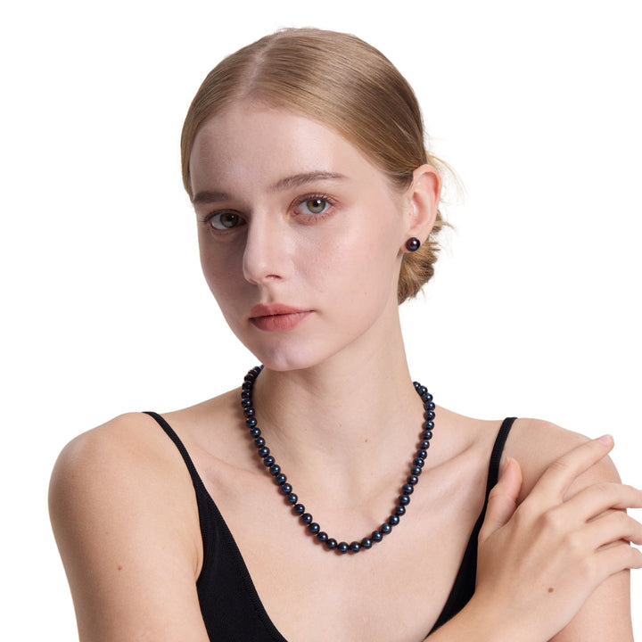 18 Inch ROUND Black Pearl Set Necklace Earrings