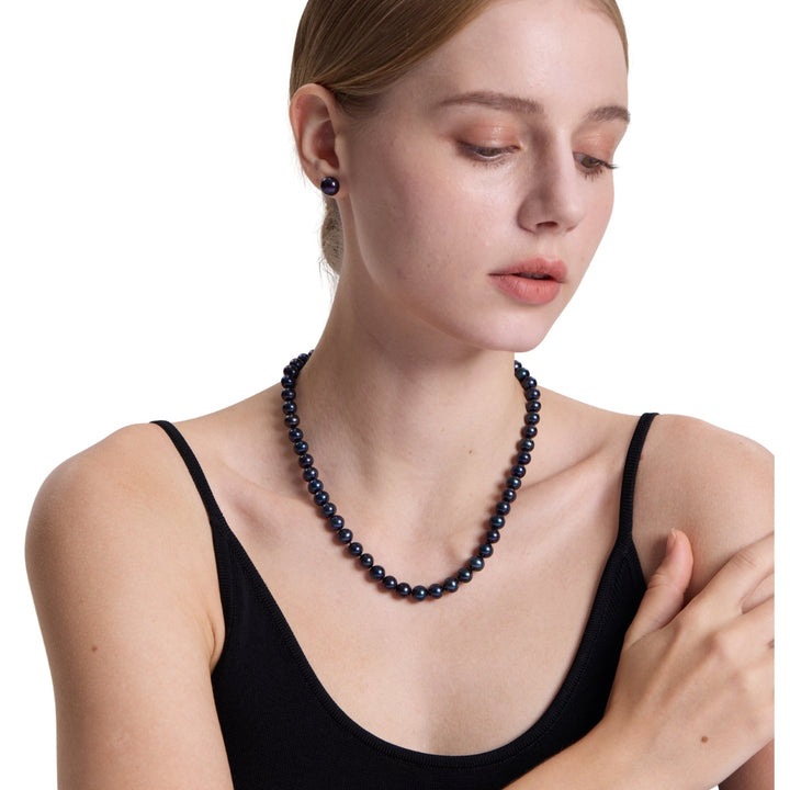 18 Inch ROUND Black Pearl Set Necklace Earrings