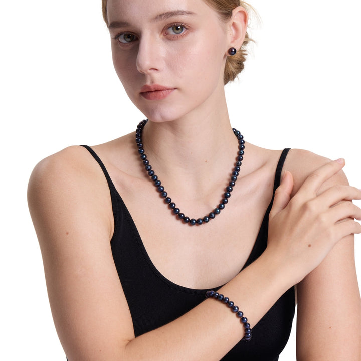 18 Inch ROUND Black Pearl Set Necklace Bracelet Earrings