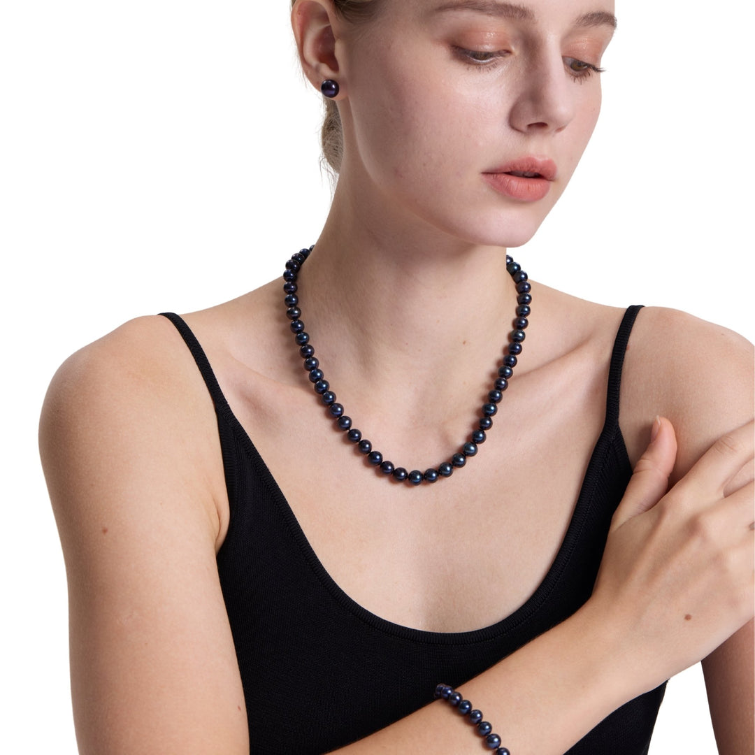18 Inch ROUND Black Pearl Set Necklace Bracelet Earrings