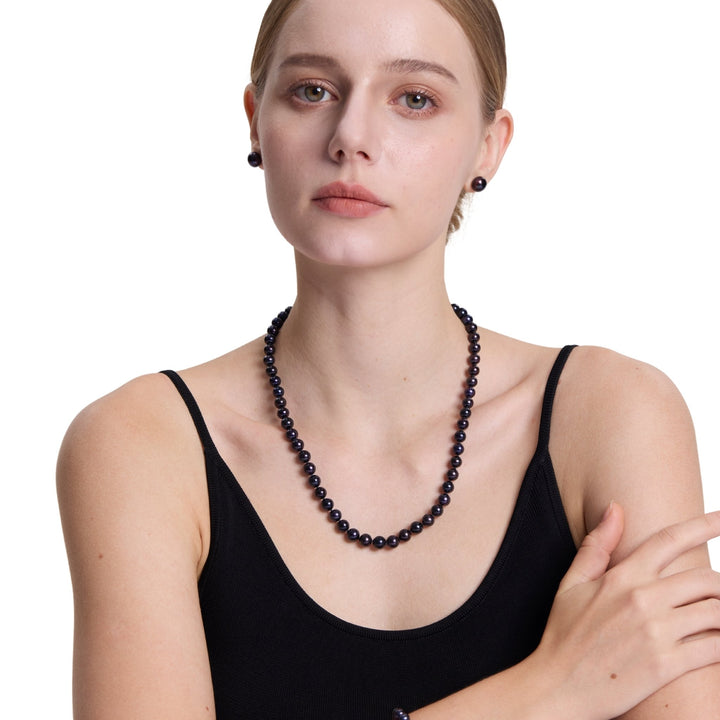 20 Inch ROUND Black Pearl Set Necklace Earrings